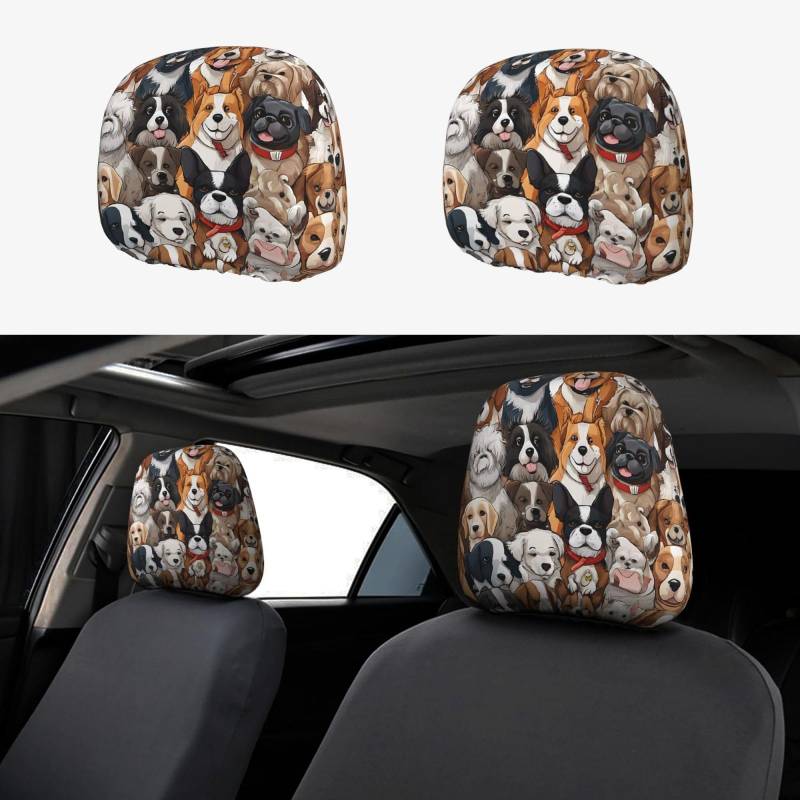EZDLOWVBA Autositz-Kopfstützenbezug-Set mit vielen Hunden, niedliches Autositz-Kopfstützenbezug-Set, 2-teiliges Set von EZDLOWVBA
