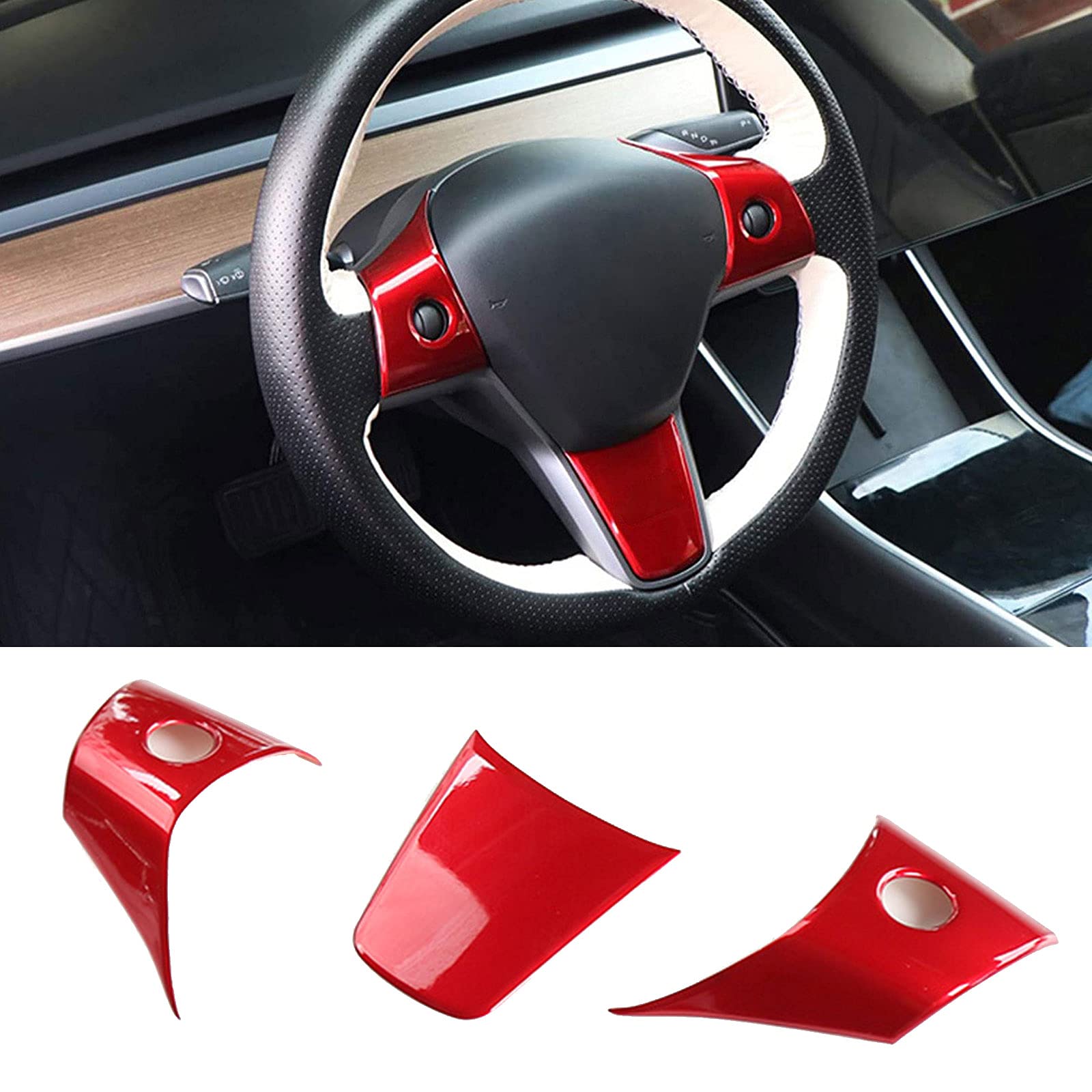 Eamily Lenkradverkleidung Abdeckung für Tesla Model 3/Modell Y, Innenraumverkleidung Zubehör (Kohlefaser) (Rot) von Eamily
