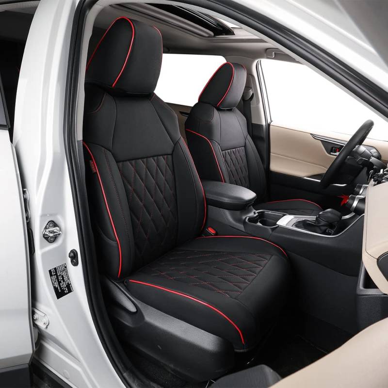 Easeadd Leder Custom Autositzbezüge passend für Toyota RAV4 Sitzbezüge 2019 2020 2021 2022 2023 XA50 Hybrid Style Selection,Black Edition,Style Paket - Schwarz(Rautenstich)/Rot(Trim) von Easeadd