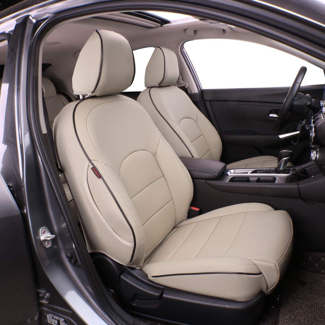 Easeadd Leder Custom Sitzbezüge Kompatibel mit FIAT 500 (C) 2011-2022 Vordersitz ohne Beinstütze,Integrierte Hintere Reihe - Beige von Easeadd
