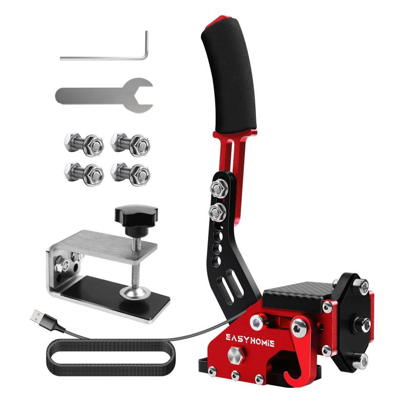 Easyhomie USB Handbremse mit Feste Basis für PC Rennspiele, Einstellbare Spielhandbremse mit Hoher Präzision und Hoher Linearität, Geeignet für Logitech G27 / G29 / T300 FANATEC (Rot) von Easyhomie