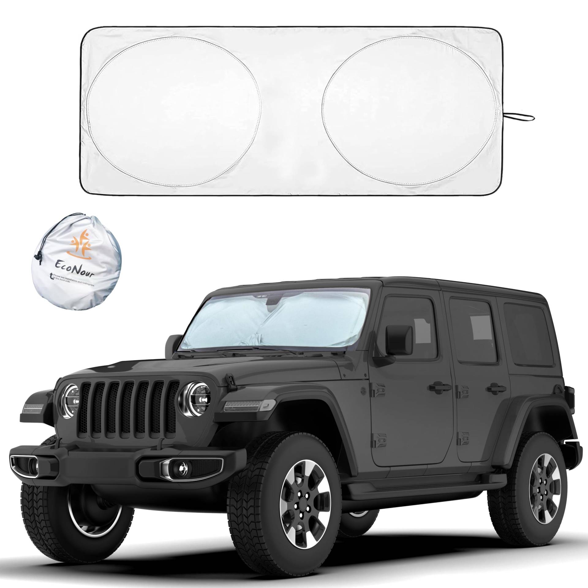 EcoNour Jeep Windschutzscheiben-Sonnenschutz, beste Passform für Wrangler 1986–2023, Compass 2007–2023, Gladiator 2020–2023, Renegade 2015–2023, Jeep Wrangler Zubehör, XS – 152,4 x 53,3 cm von EcoNour