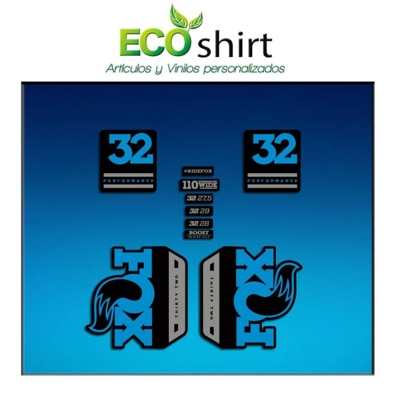 Ecoshirt Aufkleber Fork Fox 32 Performance Elite 2017 Am90 Aufkleber Decals Autocollants Adesivi Forcela Gabel Fourche, blau grau von Ecoshirt