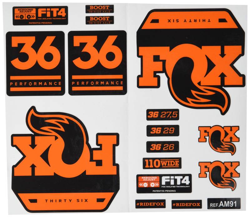 Ecoshirt RI-RBNK-J8XN Aufkleber Fork Fox 36 Performance Elite 2017 Am91 Aufkleber Decals Autocollants Adesivi Forcela Gabel Fourche, orange von Ecoshirt