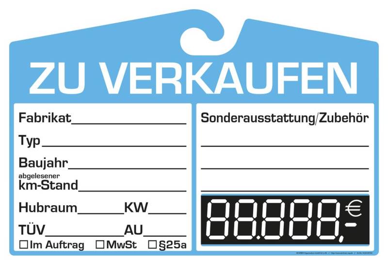 25x KFZ-Verkaufsschild zur Befestigung am Innenspiegel (blau, digitale Anzeige) von Eichner