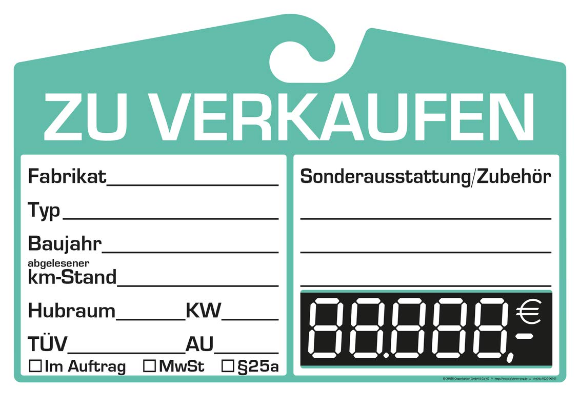 25x KFZ-Verkaufsschild zur Befestigung am Innenspiegel (grün, digitale Anzeige) von Eichner