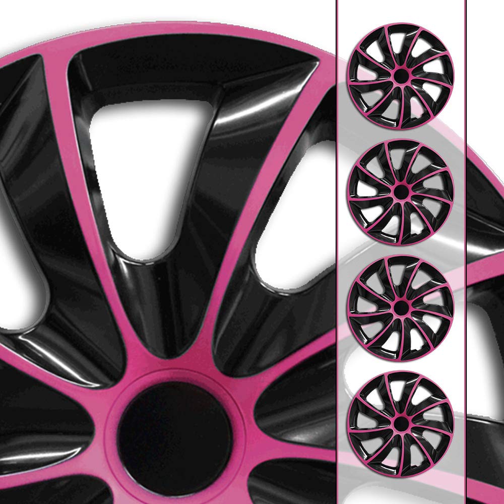 (Farbe & Größe wählbar) 14 Zoll Radkappen, Radzierblenden Quad Bicolor (Schwarz/Pink) passend für Fast alle Fahrzeugtypen (universal) von Eight Tec Handelsagentur