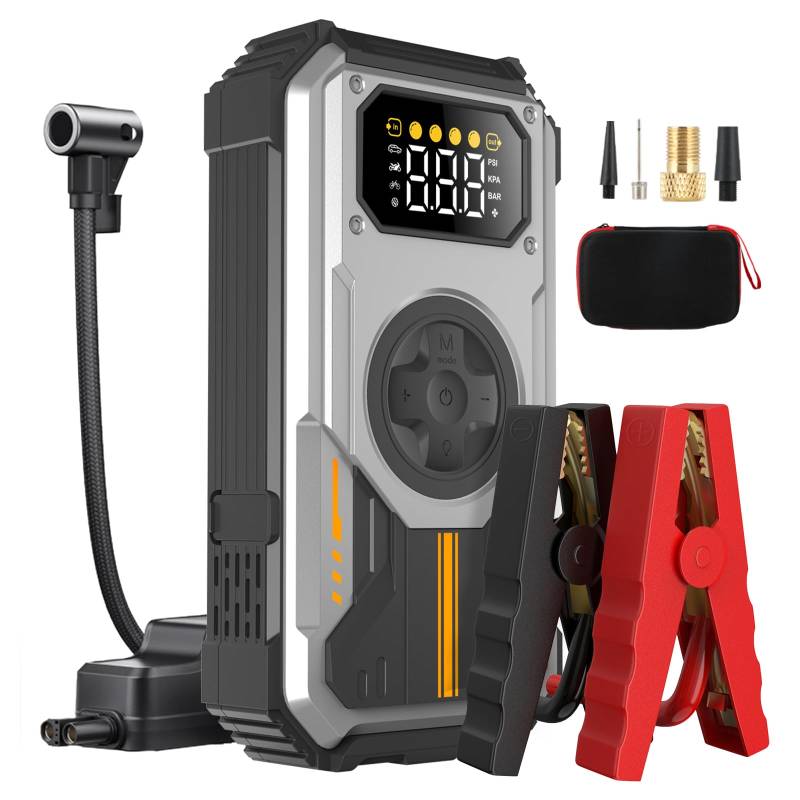 Eigotrav Starthilfe Powerbank 6000A, 5-in-1 Auto Starthilfe für Pkw(Bis zu 7.5L Benzin, 6L Diesel), 12V Starter Powerbank mit 150 PSI Kompressor, LED Taschenlampe, LCD Display von Eigotrav
