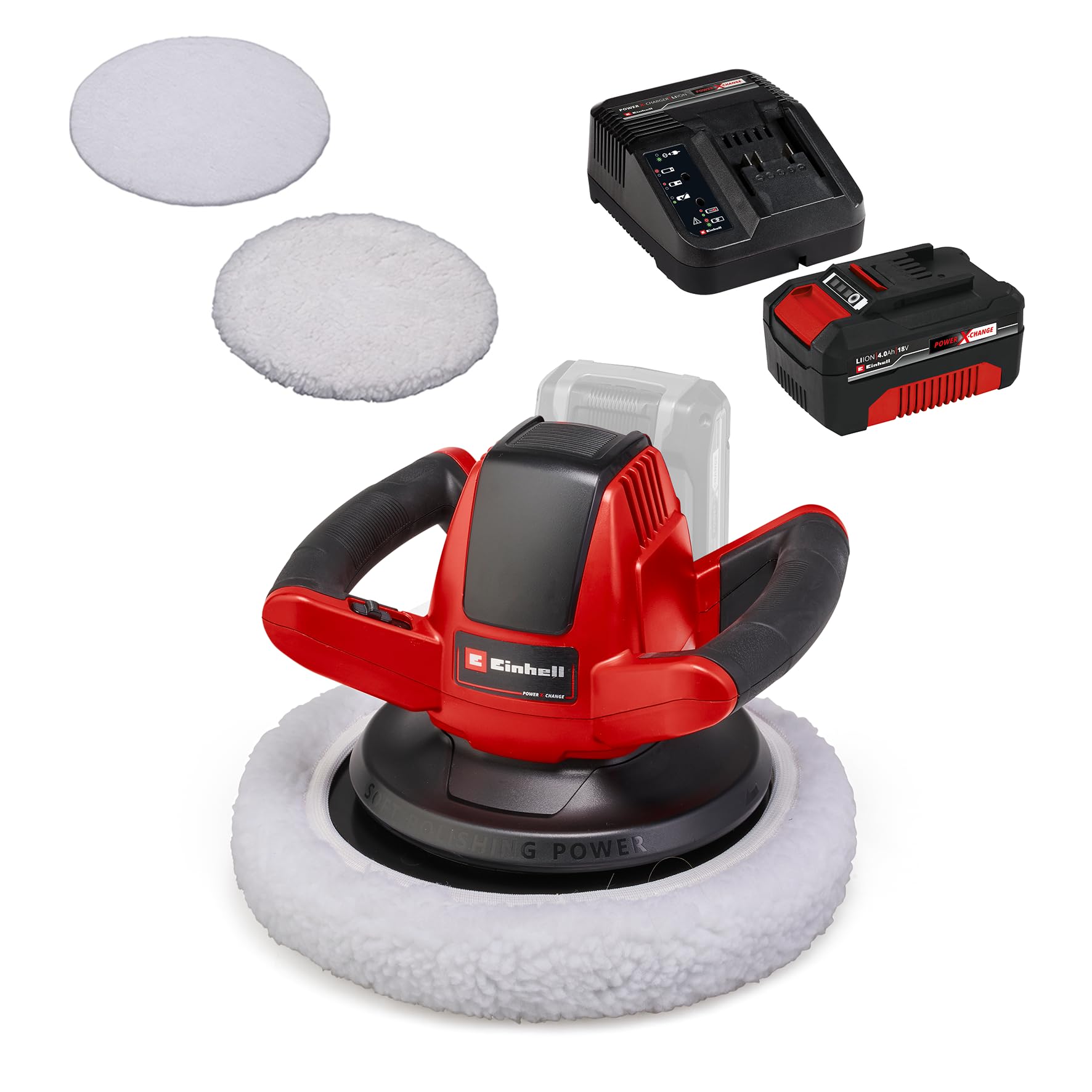Einhell Akku-Autopoliermaschine CE-CB 18/254 Li Power X-Change (Li-Ion, 18 V, 2.500 U./Min., Überlastschutz, inkl. 1x Textil-Polierhaube, 1x Synthetik-Polierhaube, 1x 4,0 Ah Akku und Ladegerät) von Einhell