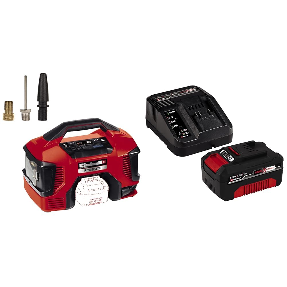 Einhell Akku-Kompressor PRESSITO Power X-Change (Li-Ion, 18 V, max. 11 bar, 710 mm Schlauchlänge, Hochdruck-, Niederdruckpumpe, inkl. 3-tlg. Adapter-Set, inkl. 4,0 Ah Akku und Ladegerät) von Einhell