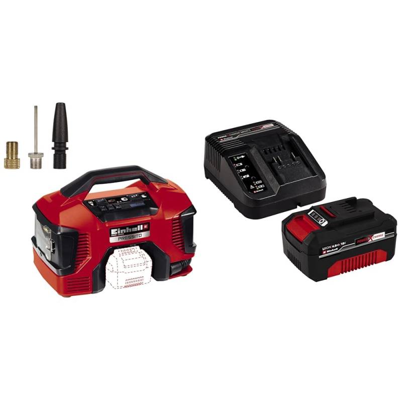 Einhell Akku-Kompressor PRESSITO Power X-Change (Li-Ion, 18 V, max. 11 bar, 710 mm Schlauchlänge, Hochdruck-, Niederdruckpumpe, inkl. 3-tlg. Adapter-Set, inkl. 4,0 Ah Akku und Ladegerät) von Einhell
