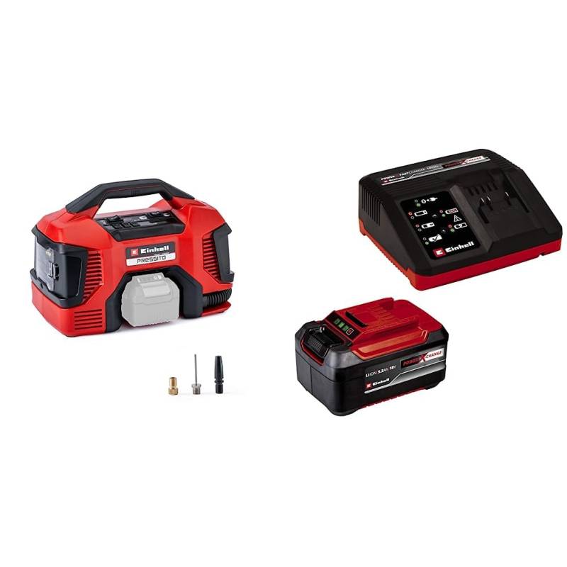 Einhell Akku-Kompressor PRESSITO Power X-Change (Li-Ion, 18 V, max. 11 bar, 710 mm Schlauchlänge, Hochdruck-, Niederdruckpumpe, inkl. 3-tlg. Adapter-Set, inkl. 5,2 Ah Akku und Ladegerät) von Einhell