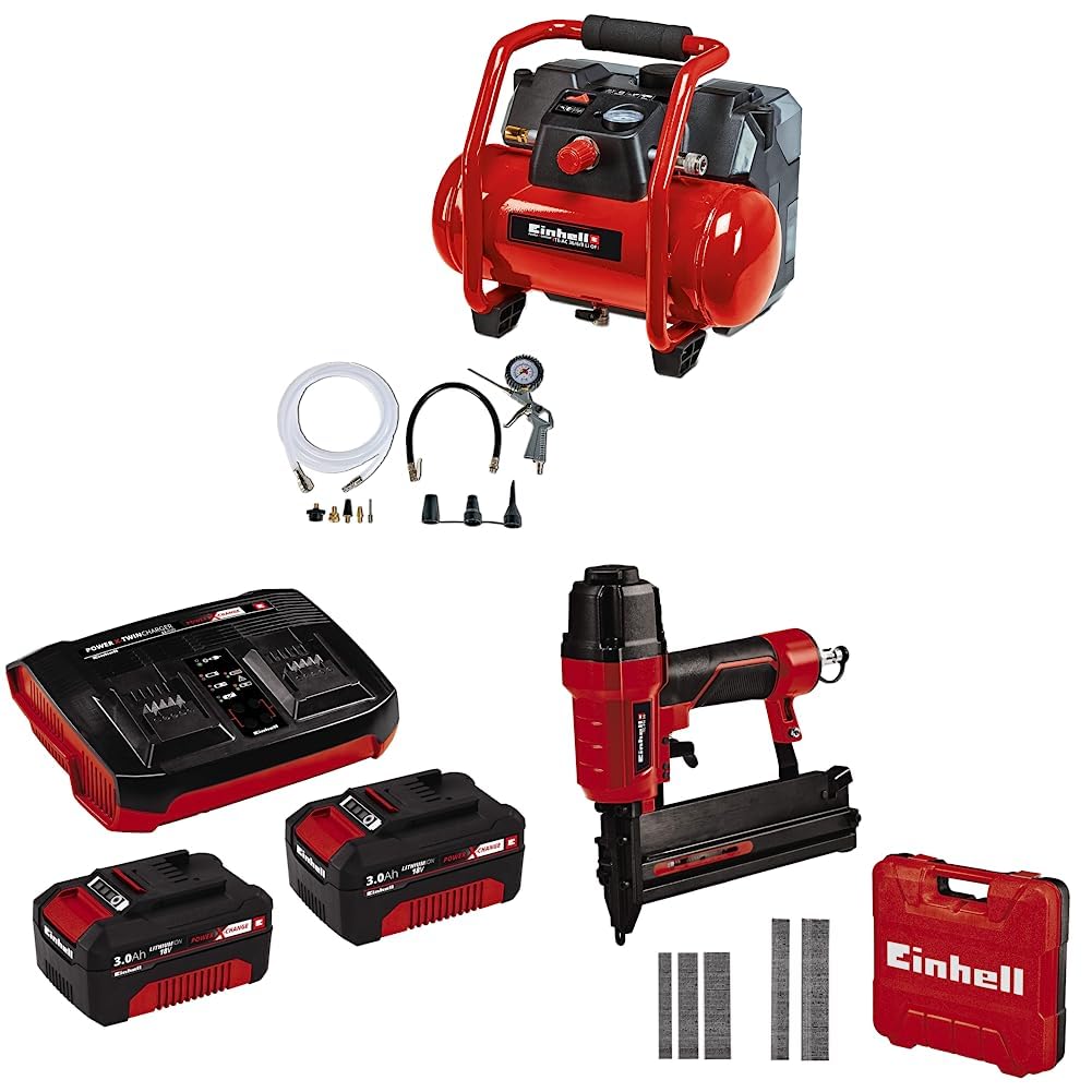 Einhell Akku-Kompressor TE-AC 36/6/8 Li OF Set Power X-Change (36 V, max. 8 bar, 6 l-Tank, 130 l/min Ansaugleistung, Motordrehzahl 16000 min^-1, inkl. 2x 3,0 Ah Akku, Twincharger und Druckluft-Tacker) von Einhell