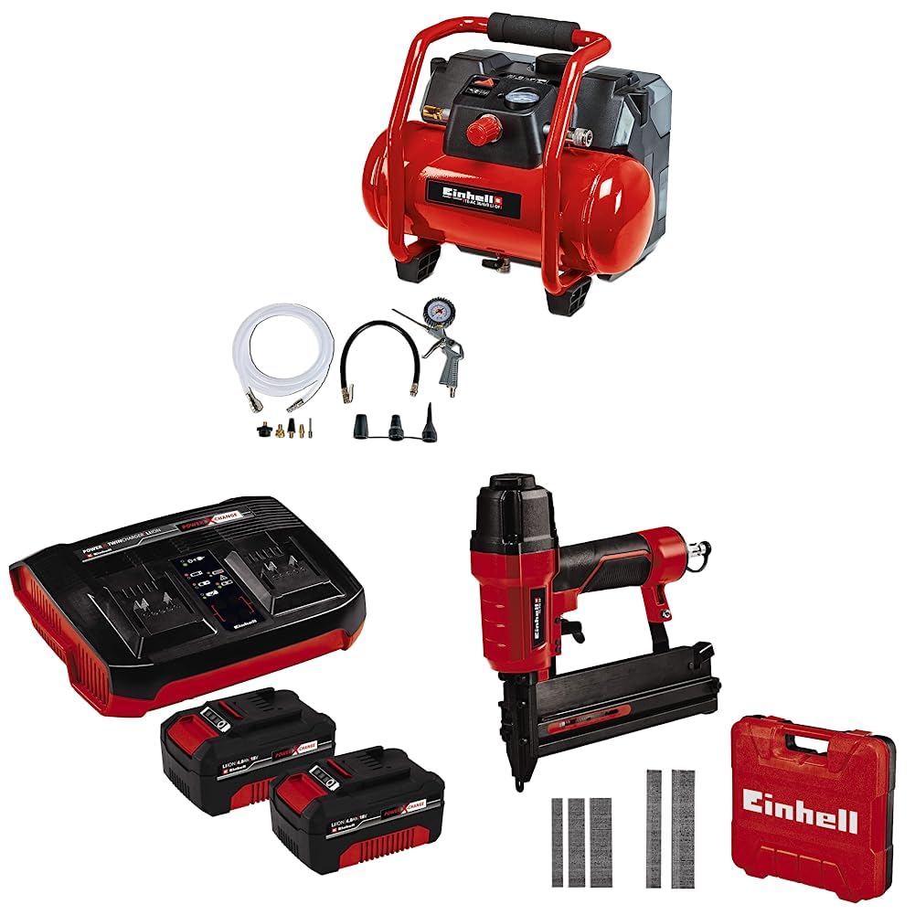 Einhell Akku-Kompressor TE-AC 36/6/8 Li OF Set Power X-Change (36 V, max. 8 bar, 6 l-Tank, 130 l/min Ansaugleistung, Motordrehzahl 16000 min^-1, inkl. 2x 4,0 Ah Akku, Twincharger und Druckluft-Tacker) von Einhell