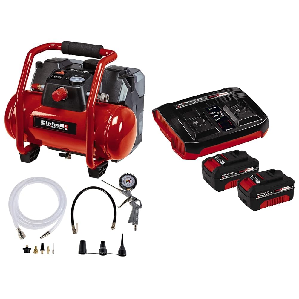 Einhell Akku-Kompressor TE-AC 36/6/8 Li OF Set Power X-Change (36 V, max. 8 bar, 6 l-Tank, 130 l/min Ansaugleistung, Motordrehzahl 16000 min^-1, ölfrei, inkl. 2x 4,0 Ah Akku und Twincharger) von Einhell