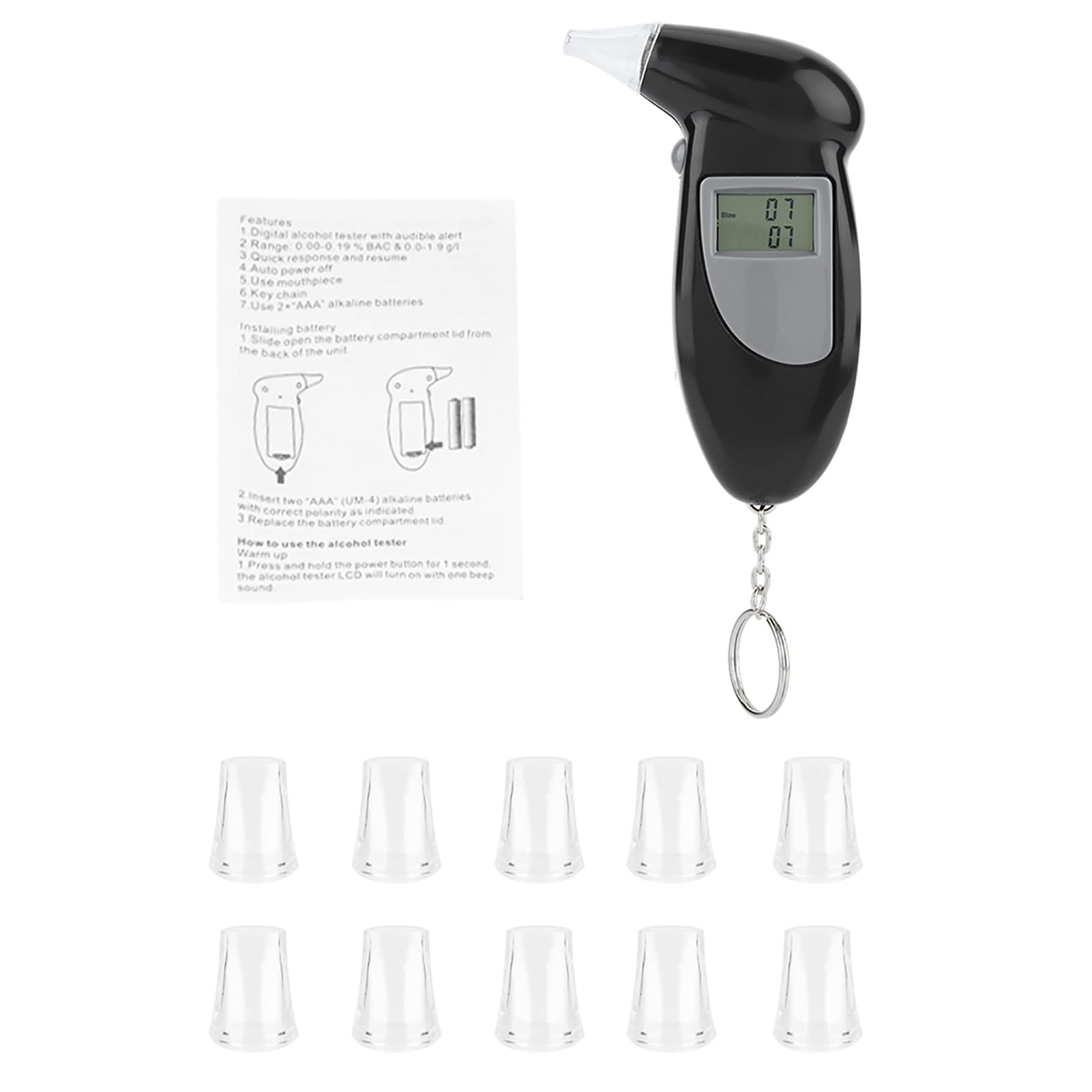 Alkoholtester, Alkohol-Atemtester Tragbarer Promilletester Digitales Alkoholtestgerät Alkoholmessgeräte Alkohol Tester mit Akustischem Alarm und LCD-Display (Kommt mit 10 Mundstücken) von Ejoyous