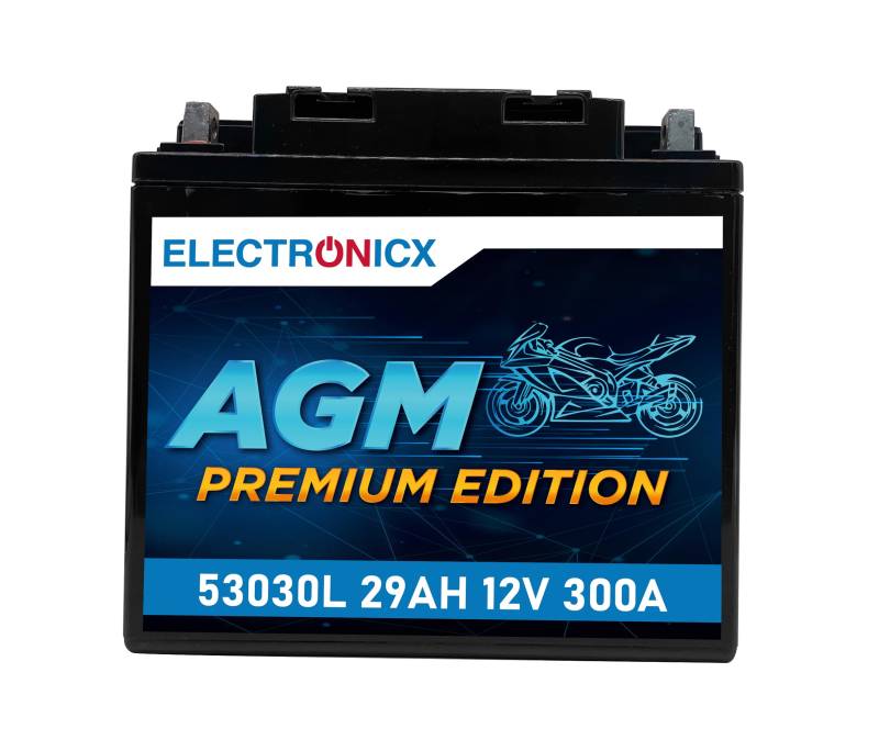 ELECTRONICX AGM-Motorradbatterie 53030L 12V 29Ah 300A/EN – Vorgeladen, Wartungsfrei, Auslaufsicher – Hohe Startkraft, Lange Lebensdauer – Pluspol links von Electronicx