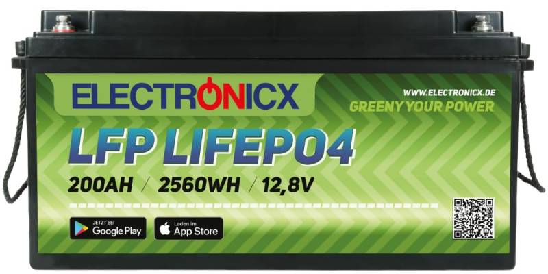 Electronicx LiFePO4 Batterie 200Ah 12,8V Versorgungsbatterie 2560 Wh mit Bluetooth-Funktion Lithium-Eisenphosphat Akku inklusive App BMS von Electronicx