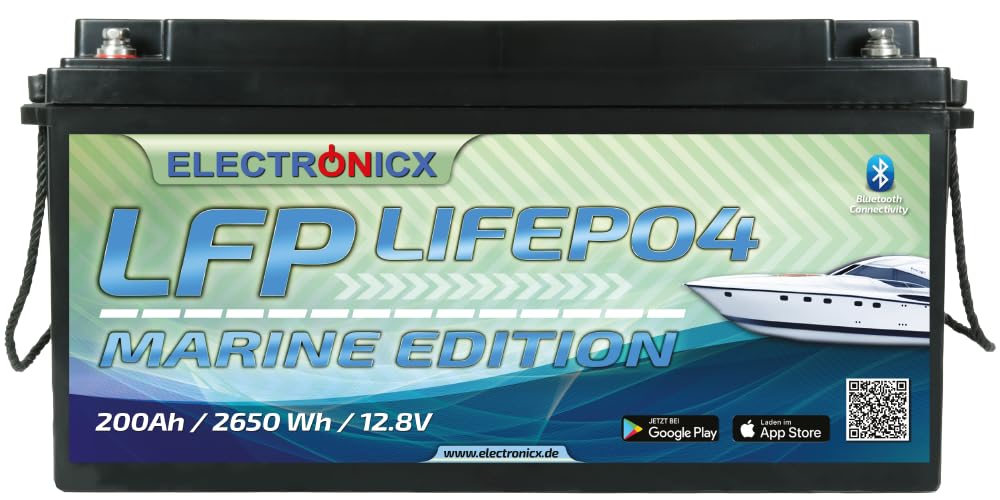 Electronicx LiFePO4 Marine Edition Batterie 200Ah 12,8V Versorgungsbatterie 2560 Wh mit Bluetooth-Funktion Lithium-Eisenphosphat Akku inklusive App BMS von Electronicx