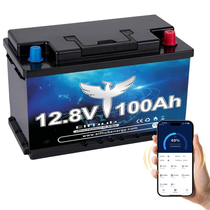 Elfhub LiFePO4 12V 100AH Autobatterie Bluetooth 100A BMS über 5000 Mal Tiefzyklus Lithium Akku 1280W Abschaltschutz bei Niedriger Temperatur für Wohnmobil, Camping, Boot, Solare Heimanlagen von Elfhub