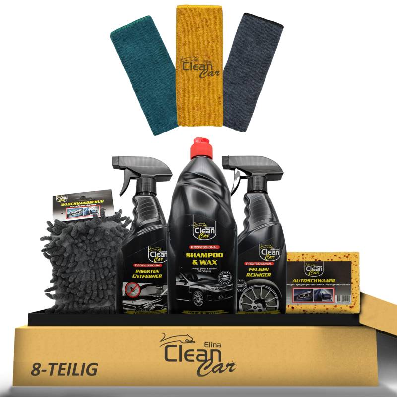 Elina Clean Car Exterior 8-Teiliges Auto Pflegeset - Hochwertiges Außenreinigungskit für Auto, inklusive Felgenreiniger und Wash & Wax von Elina Clean Car