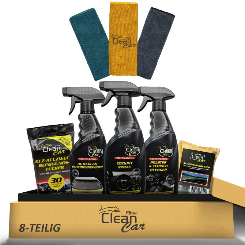 Elina Clean Car Interior 8-Teiliges Auto Reinigungsset- Premium Pflegepaket für den Fahrzeug-Innenraum, inklusive Cockpitspray und Mikrofasertücher von Elina Clean Car
