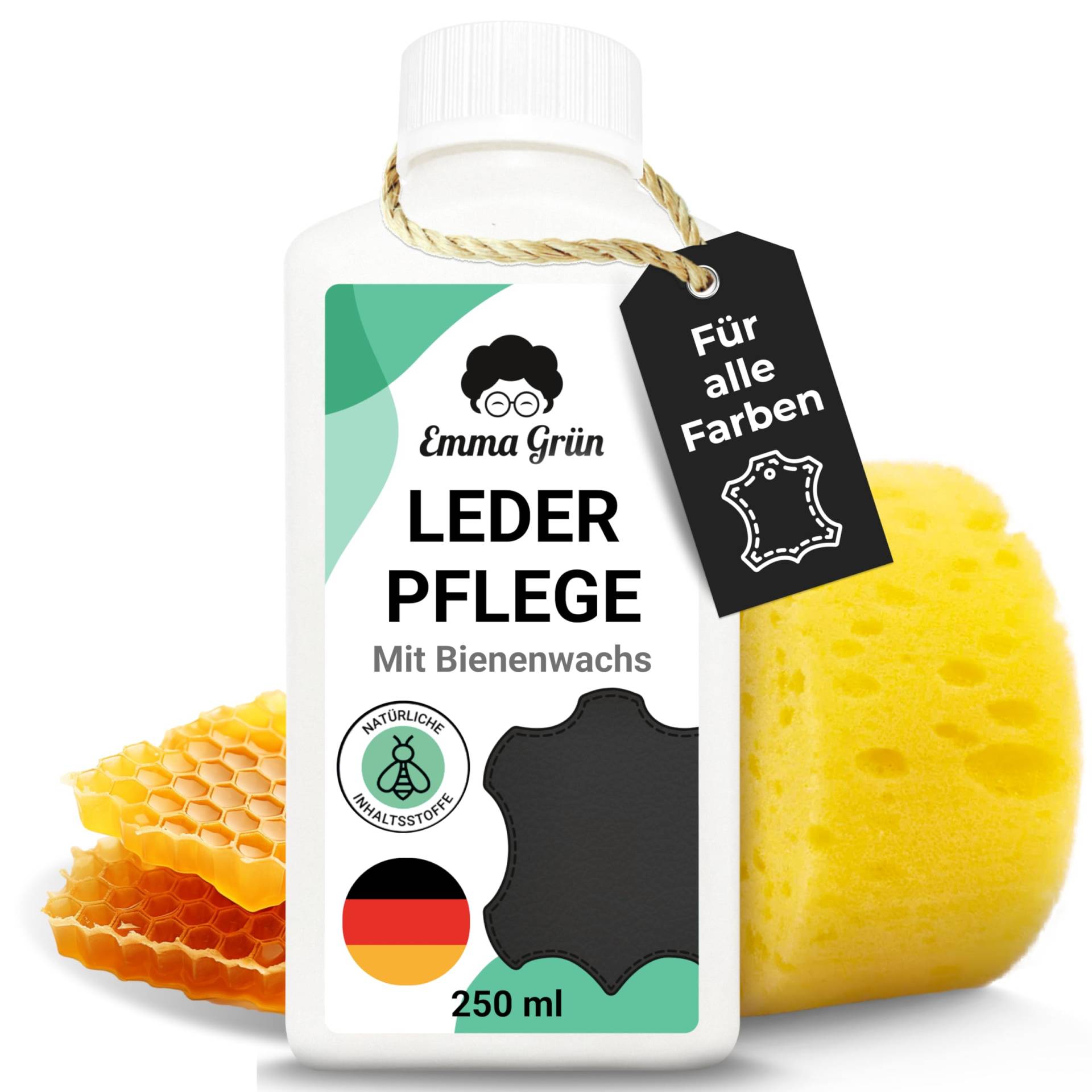 Emma Grün® Lederpflege für Ledercouch & Sofa 250ml [MIT BIENENWACHS] - Glatt- & Kunstleder Pflege - Lederpflege Auto Autositze - Pflegemittel Sofa, Jacken & Autoleder (+SCHWAMM) - Made in Germany von Emma Grün