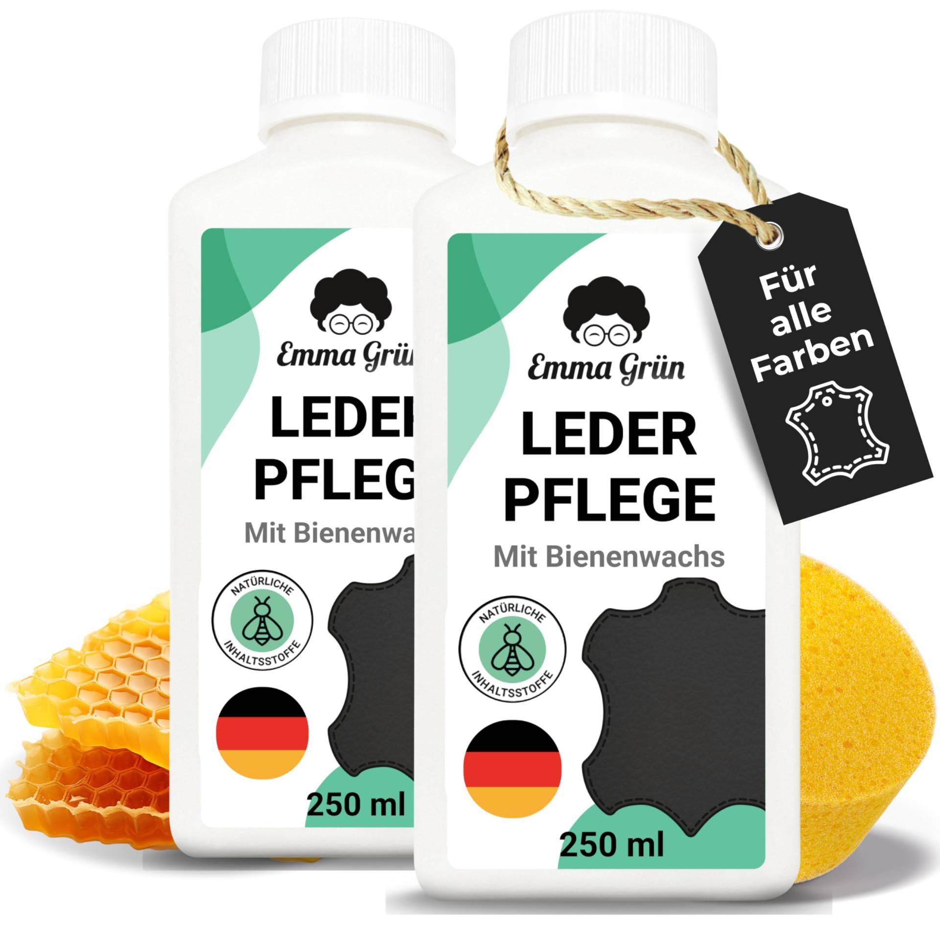 Emma Grün® Lederpflege für Ledercouch & Sofa 2x 250ml [MIT BIENENWACHS] - Glatt- & Kunstleder Pflege - Lederpflege Auto Autositze - Pflegemittel Sofa, Jacken & Autoleder (+SCHWAMM) - Made in Germany von Emma Grün