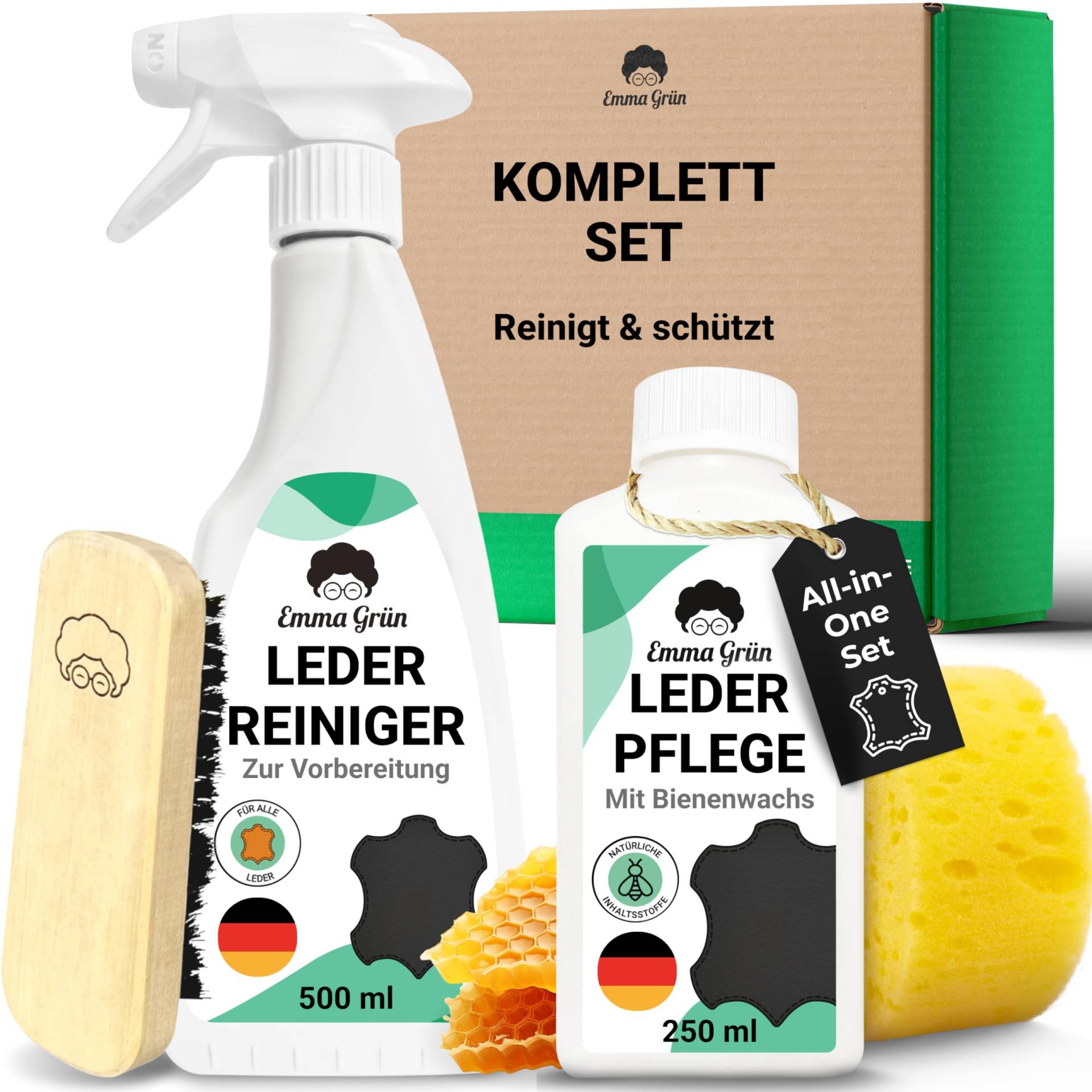 Emma Grün® Lederreiniger & Lederpflege Auto Reinigungsset [MIT BIENENWACHS] - Für Glatt- & Kunstleder - Alcantara Reiniger Autositze - Reiniger & Lederpflege für Ledercouch & Sofa aus Deutschland von Emma Grün