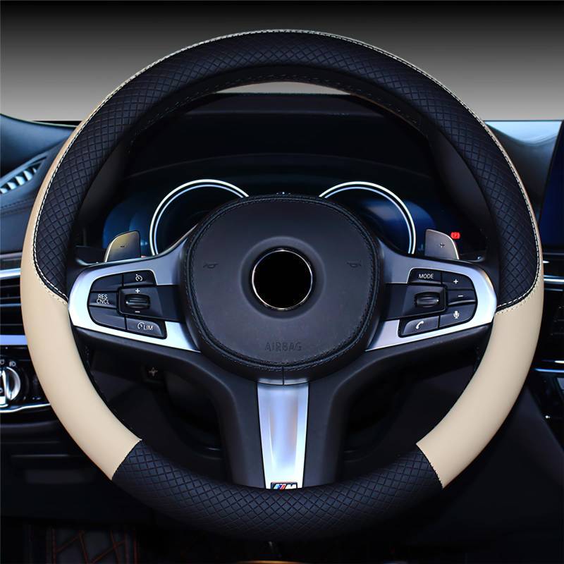 Auto-Lenkradabdeckung, PU-Leder, Gummi-Innenring, Schutz für Universal-Lenkrad, 38 cm (Schwarz & Beige) von Enborpe