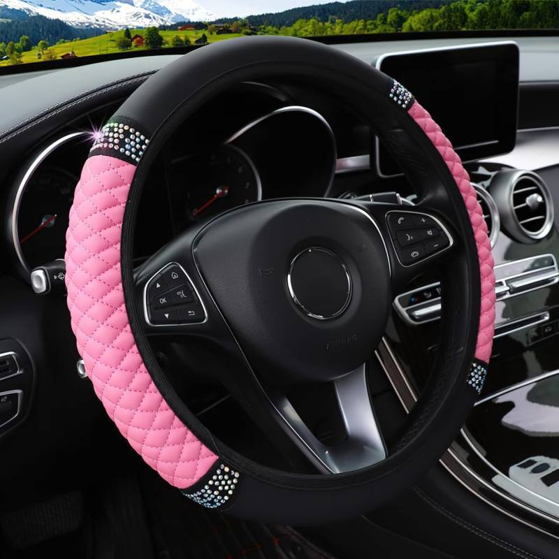 Lenkradbezug aus PU-Leder mit Strasssteinen, elastischer Lenkradschutz mit glitzernden Kristalldiamanten, passend für 37–38 cm große Auto-Lenkrad (Rosa) von Enborpe