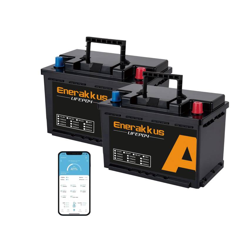 2 Pack Enerakkus 12V 100Ah LiFePO4 Mini Lithiumbatterie,100A BMS Bluetooth Schutz,10 Jahre Lebensdauer mit bis zu 15000 Zyklen,max. 1280Wh,LiFePO4-Akku in Kleiner Größe für Wohnmobile,Trolling-Motoren von Enerakkus