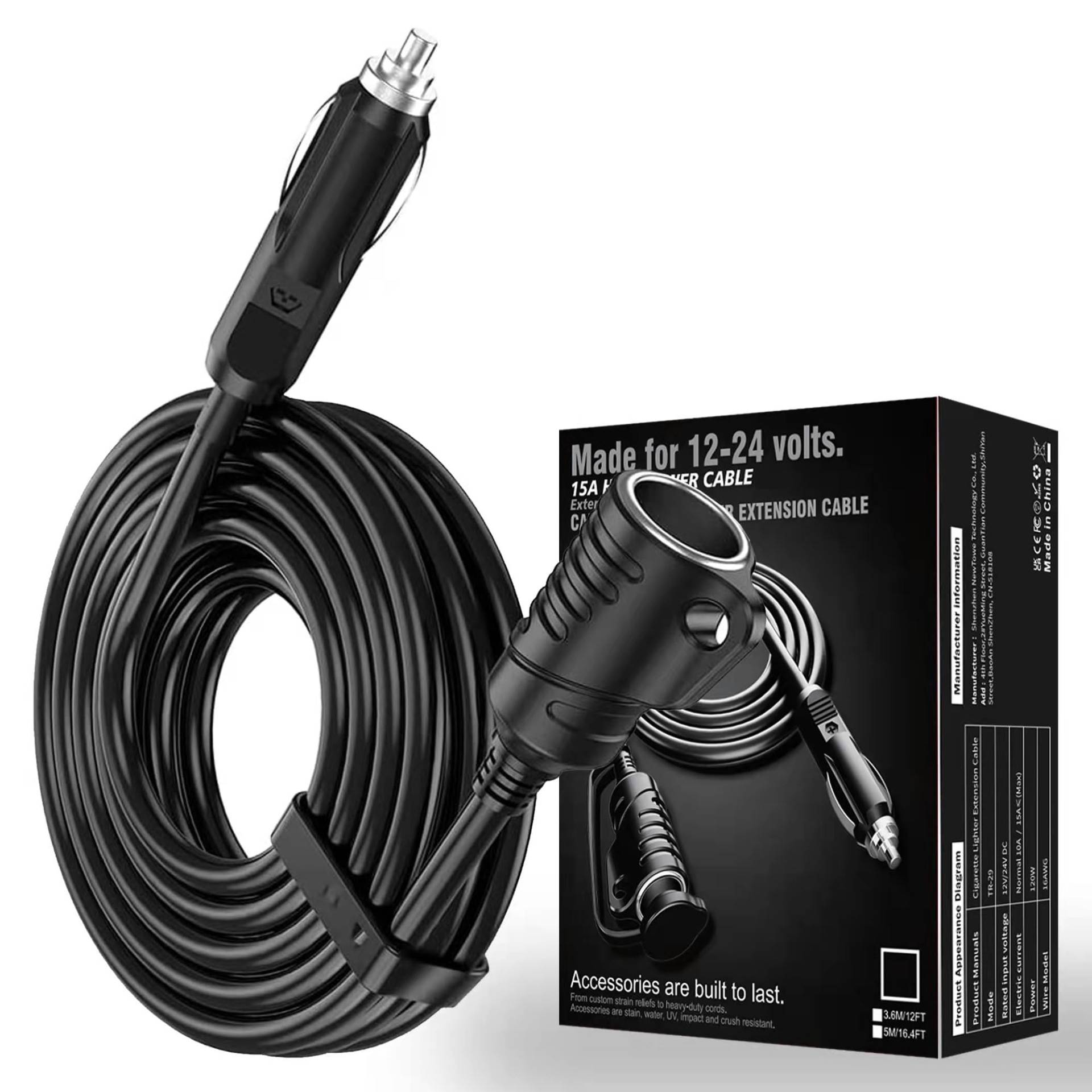 KFZ Zigarettenanzünder Verlängerungskabel DC 12V/24V 16AWG für zigarettenanzünder steckdose (5M) von Enisina