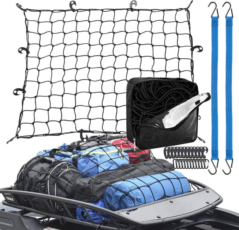 Gepäcknetz 90x120cm Stretches to 180x240cm mit 24 x Stück Universal Haken und 2 x elastische Ladung Schnur, Auto hinten Organizer Karabiner für Dachgepäckträger in Übergröße/Kofferraum/Lastwagen/SUV von Epesl