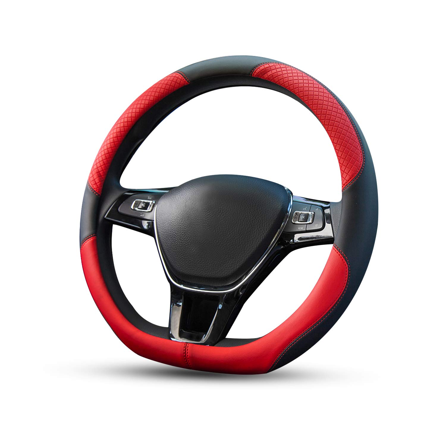 Ergocar Sport D-Form Auto Lenkradbezug Rutschfester Auto Lenkradschutz D-Typ Atmungsaktiv Mikrofaser PU Leder für Durchmesser 38cm (15 ") (Rot) von Ergocar