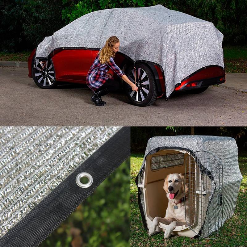 Schattennetz Auto für Hunde, 3x2 m, Auto-Sonnenschutz aus Alunetz 85% UV Reflektierendes Aluminium-Schattentuch Sonnenschutz Hitzeschutz Haube für Tiere (3x2 m) von Etomvoop