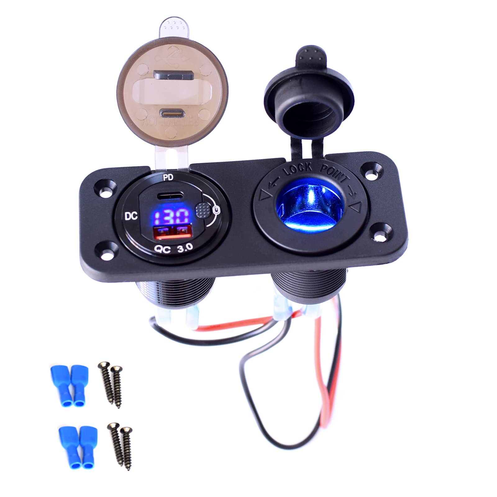 Etrogo Auto USB PD Steckdose Zigarettenanzünder Einbausteckdose 12V 24V mit QC3.0 USB PD TYPE-C Ladegerät mit Digitale LED Anzeige Unabhängigem Schalter Wasserdicht für Auto Boot Marine Motorrad LKW von Etrogo