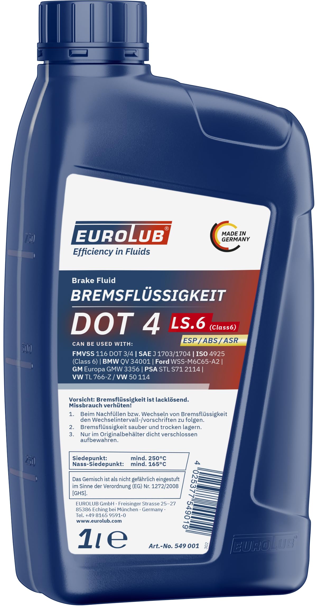 EUROLUB 549001 Bremsflüssigkeit LS.6 DOT4 LS.6 (Class6), 1 Liter von EUROLUB