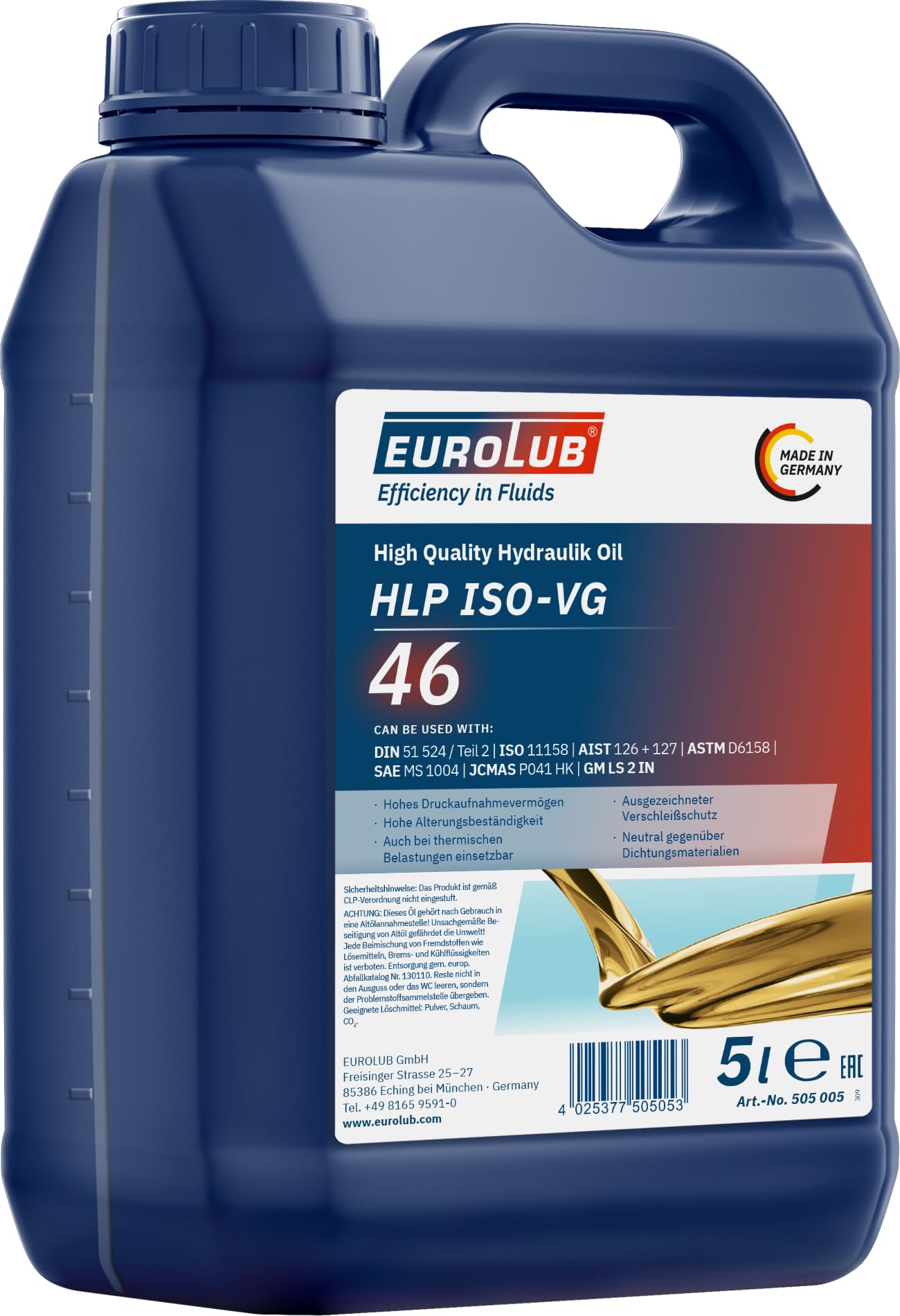 EUROLUB 505005 HLP 46 ISO-VG 46 Hydrauliköl, 5 Liter von EUROLUB
