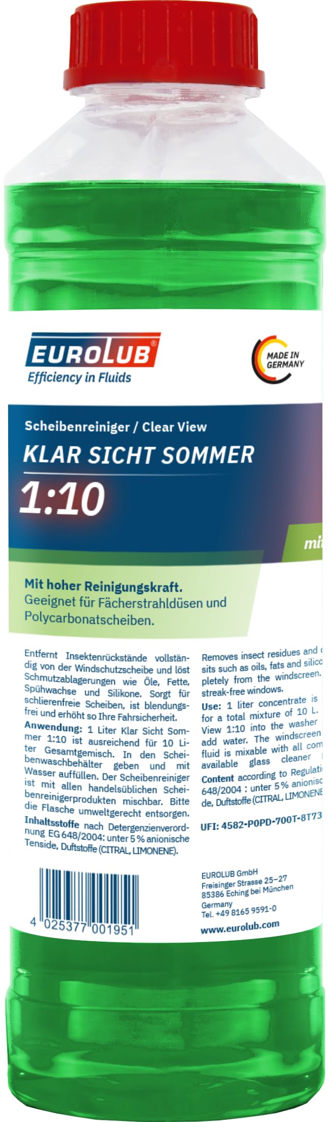 EUROLUB KLAR SICHT Sommer 1:10 Scheibenreiniger-Konzentrat, 1 Liter EUROLUB KLAR SICHT Sommer 1:10 Scheibenreiniger-Konzentrat, 1 Liter von EUROLUB
