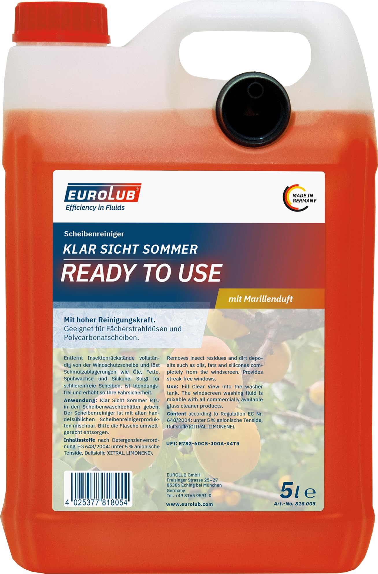 EUROLUB Scheibenreiniger KLAR SICHT Sommer RTU mit Marillenduft Fertigmischung, 5 Liter von EUROLUB
