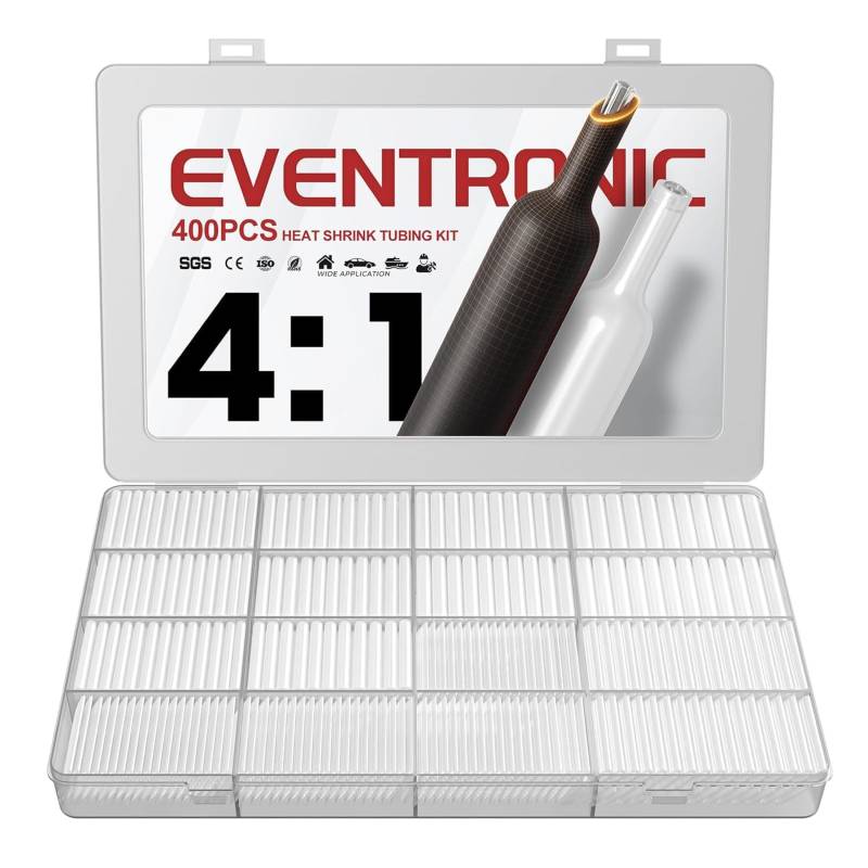 Eventronic 4:1 Schrumpfschlauch Set mit Kleber, 400 Stück Doppelwand, IP68 Schrumpfschlauch Wasserdicht, für Elektrische Isolierung und Kabelverbinder, Hohe Belastbarkeit, Transparent von Eventronic