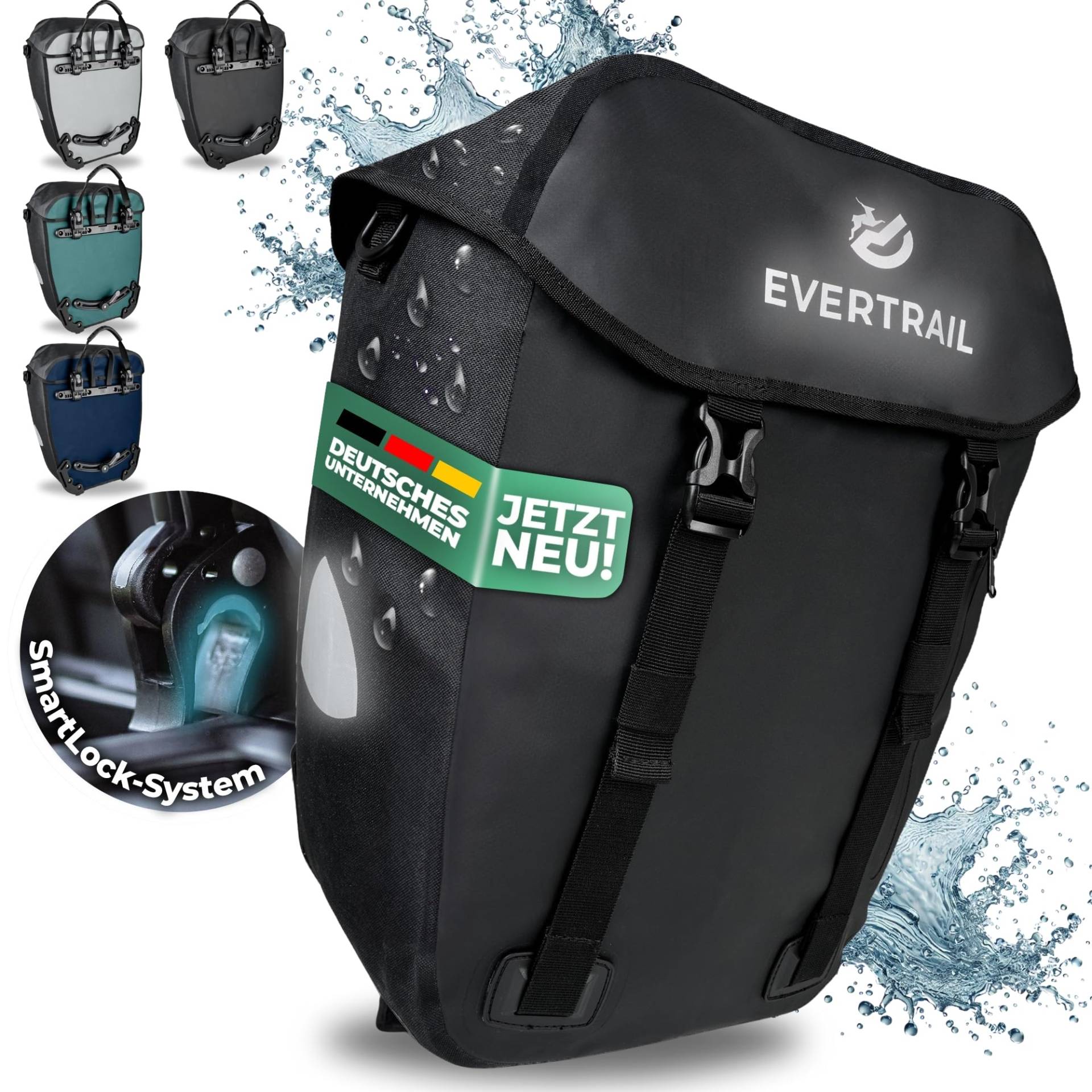 Evertrail Fahrradtasche für Gepäckträger - Flexibel bis 28L I 100% Wasserdicht - Robuste Reflektierende Gepäckträgertasche mit Schultergurt, Laptoptasche, Werkzeugfreie Montage - Schwarz Evertrail Fahrradtasche für Gepäckträger - Flexibel bis 28L I 100% Wasserdicht - Robuste Reflektierende Gepäckträgertasche mit Schultergurt, Laptoptasche, Werkzeugfreie Montage - Schwarz von Evertrail