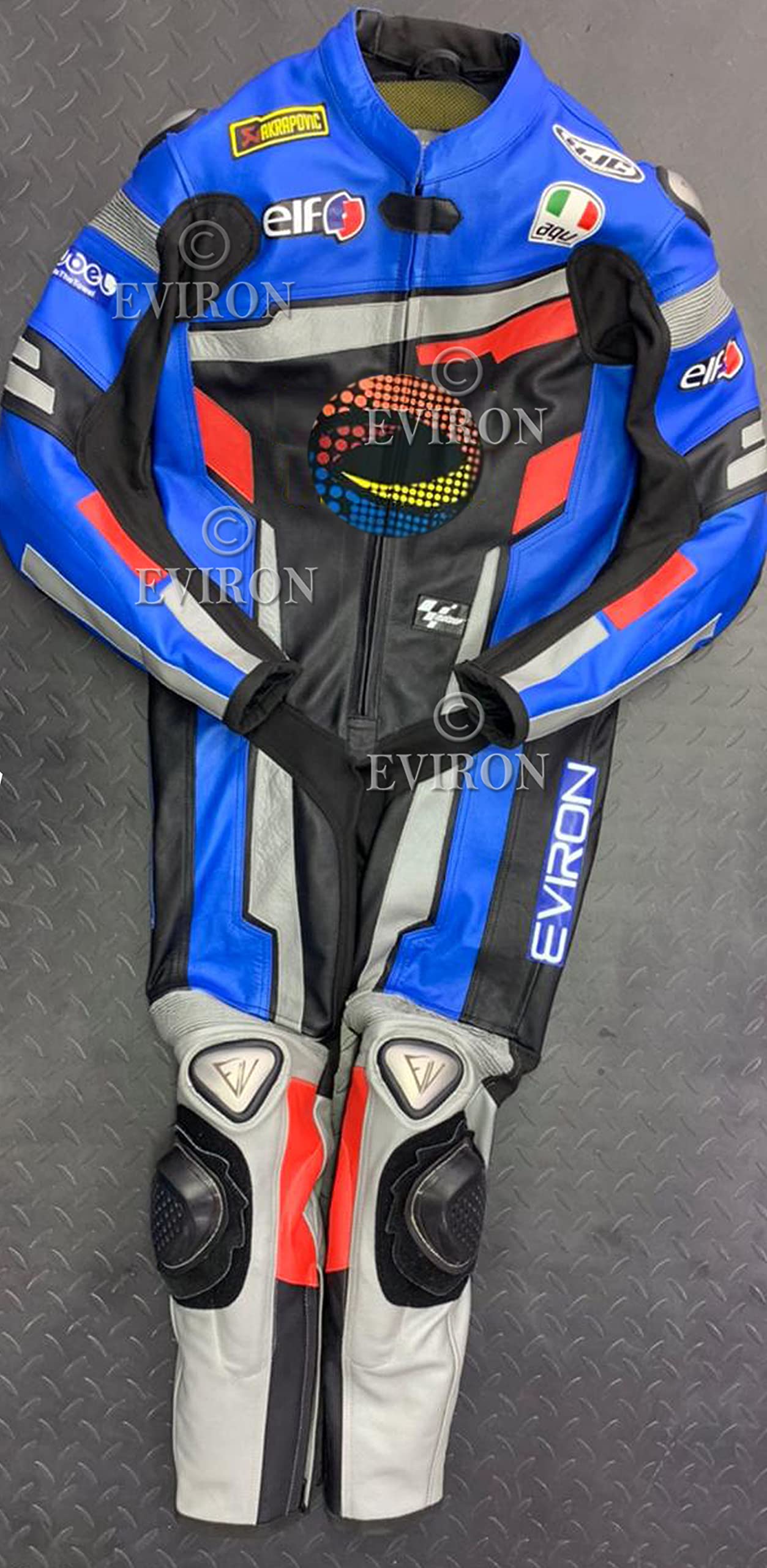 Motorradkombi aus Leder, mehrfarbig, Größe XXXL, Schwarz und Blau von Eviron
