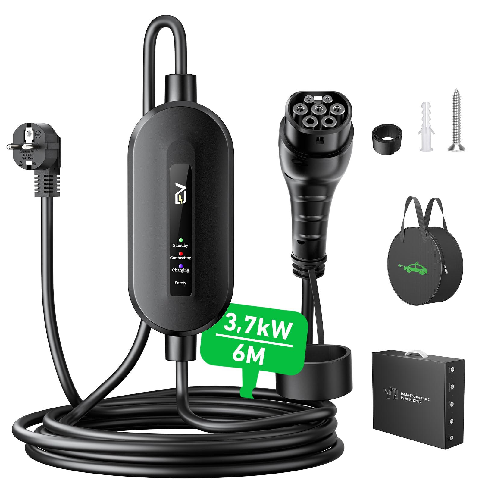 EVJUICION Ladekabel Elektroauto Typ 2 Schuko 3,68kW[1-phasig, 6m, 16A], EV Chargers mit Anzeigeleuchte, EV Ladegerät mit Segeltuchtasche für ID.3, ID.4, X1, 5ER, Model Y/3, und Anderen PHEV/EV von Evjuicion