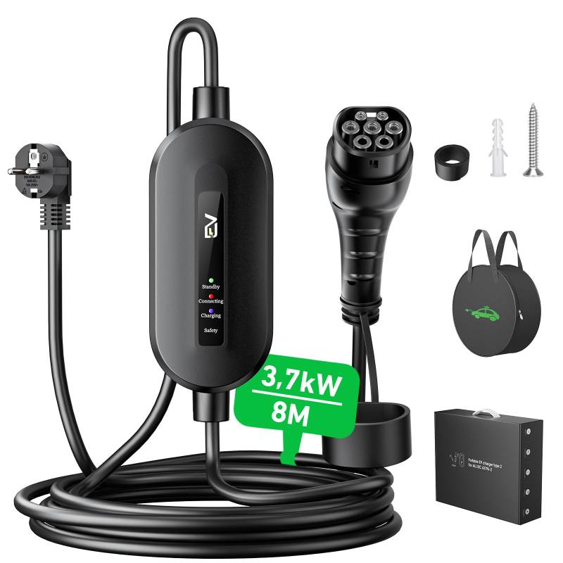 EVJUICION Ladekabel Elektroauto Typ 2 Schuko 3,68kW[1-phasig, 8m, 16A, IP67], EV Chargers mit Anzeigeleuchte für Elektroauto, EV Ladegerät für ID.3, ID.4, X1, 5ER, Model Y/3, GLA, und Anderen PHEV/EV von Evjuicion