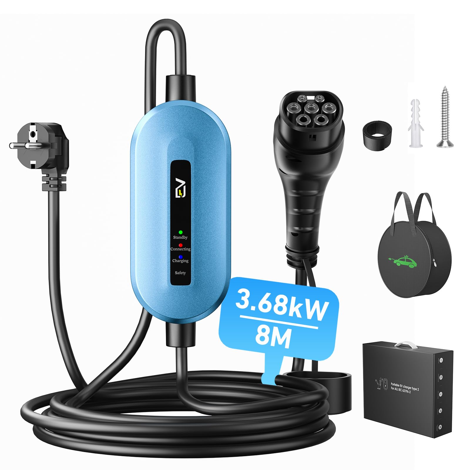 EVJUICION Ladekabel Elektroauto Typ 2 Schuko 3,68kW[1-phasig, 8m, 16A, IP67], EV Chargers mit Anzeigeleuchte für Elektroauto, EV Ladegerät für ID.3, ID.4, X1, 5ER, Model Y/3, GLA, und Anderen PHEV/EV von Evjuicion