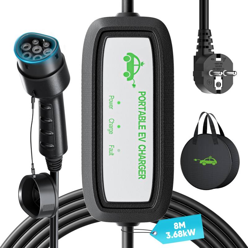 Evjuicion Ladekabel Elektroauto Typ 2 Schuko 8M [3,68kW|16A|1-phasig],ladekabel typ 2 schuko mit LED,Typ 2 ladekabel schuko, EV Ladegerät mit Tragetasche,ladekabel e Auto für PHEV/EV von Evjuicion