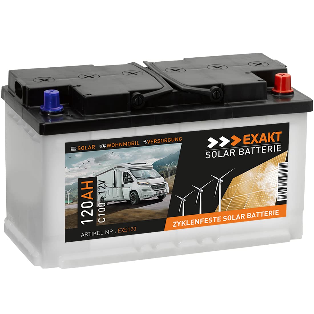 EXAKT Solarbatterie 120Ah 12V Wohnmobil Antrieb Versorgung Boot Mover Photovoltaik Windkraft Batterie (EXS120) von Exakt