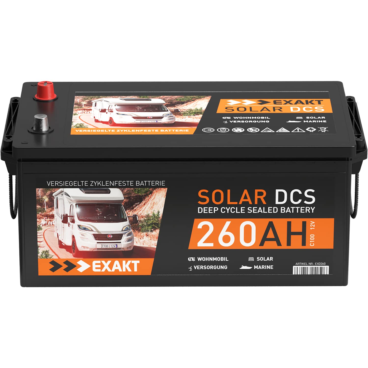 Solarbatterie 12V 260Ah EXAKT DCS Wohnmobil Versorgung Boot Solar Batterie ersetzt 220Ah 230Ah von Exakt